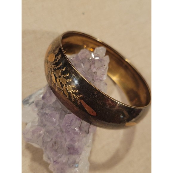 Vintage Blackened Oxidized Etched Floral Design Brass Bangle Bracelet - Picture 4 of 10